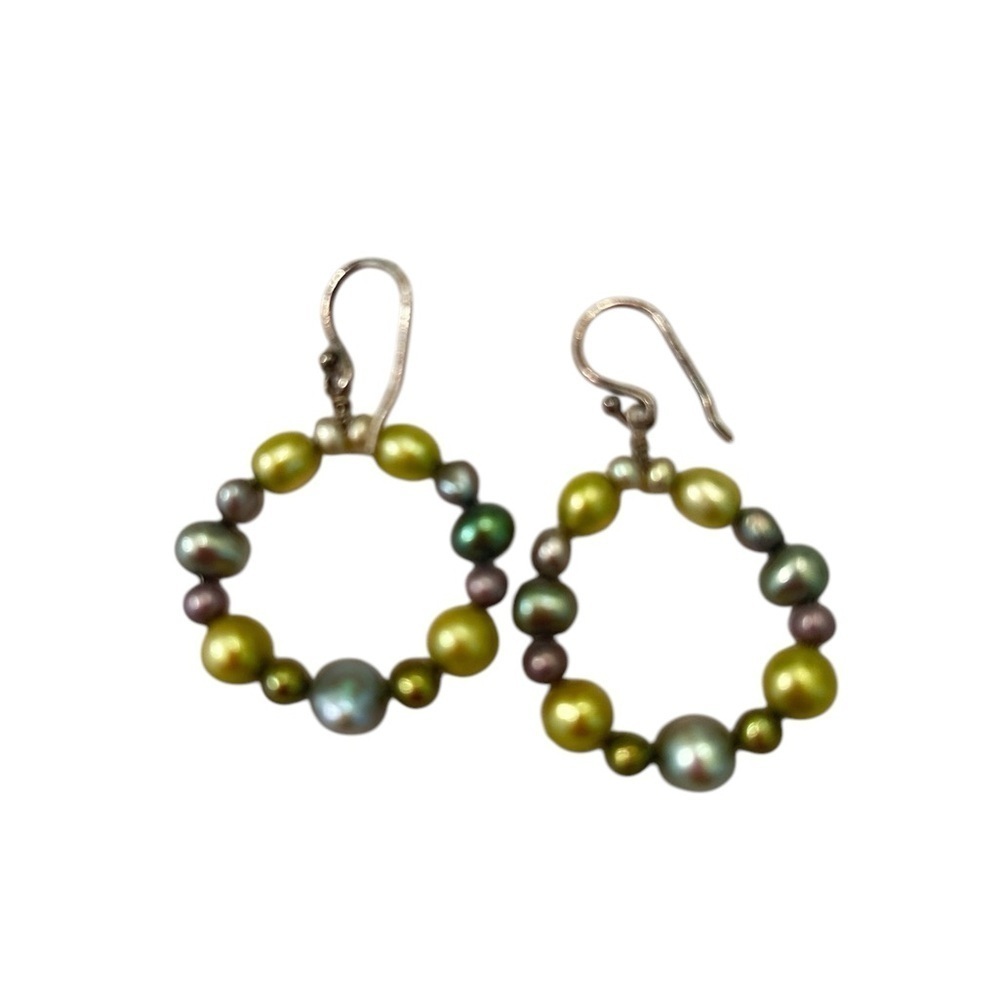 Coldwater creek Multi green circle faux Pearl pierced earrings in original box